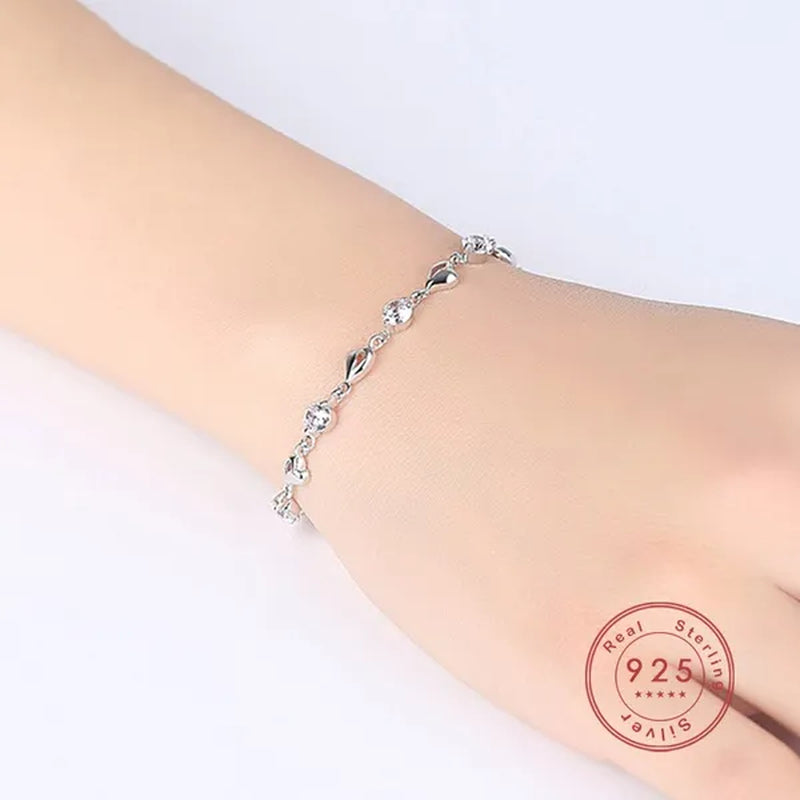 Hot 925 Sterling Silver Zircon Love Heart Shaped Bracelets Crystals  for Women Valentines Gift Wedding Party Cute Jewelry