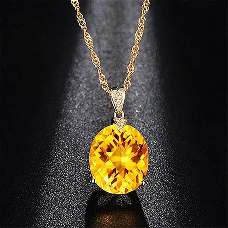 Simple 18K Golden Plated Copper Oval Citrine Jewelry Set Pendant Necklace Four Prong Adjustable Open Ring Micro Inlaid Cubic Zirconia Stud Earrings Flower Zircon Bracelet for Women Gifts Accessories