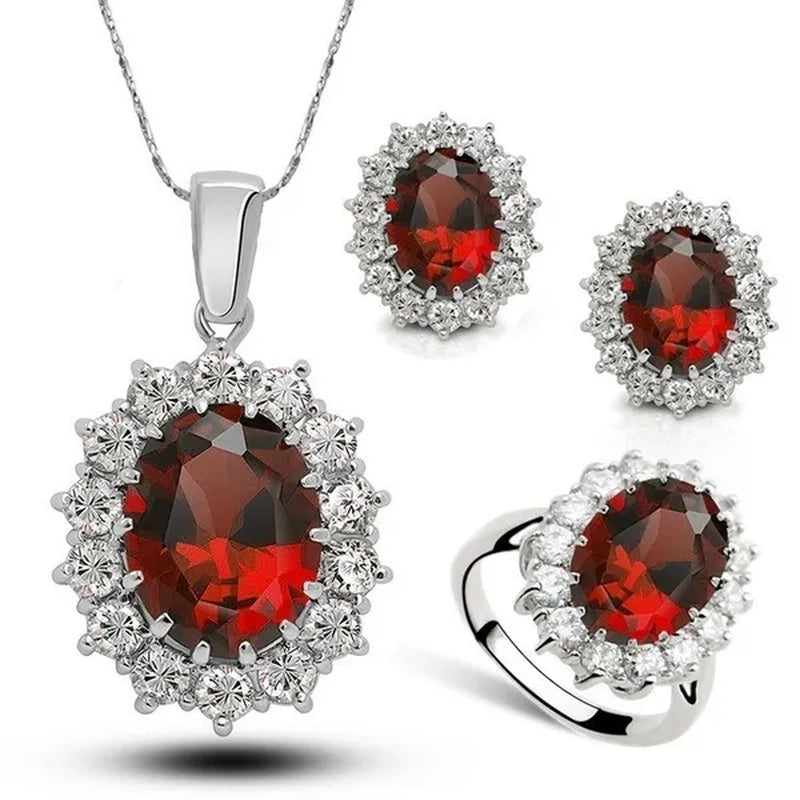 Fashion Natural 925 Silver Sapphire Ring Earring Necklace Set Ladies High-End Crystal Diamond Three-Piece Set Women'S Wedding Jewelry Party Gift Europe and America