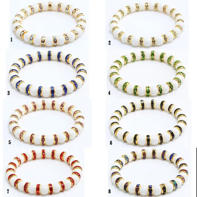 Natural Stone Pink Crystal Quartz &White Porcelain Rhinestones Bracelets & Bangles Charm Powder Beads Strand Bracelet Love Gifts for Women Men Casual Jewelry