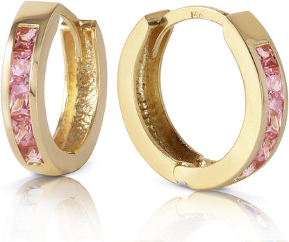 14K Solid Yellow Gold Hoop Huggie Earrings with 1.3 CTW Natural Pink Sapphire