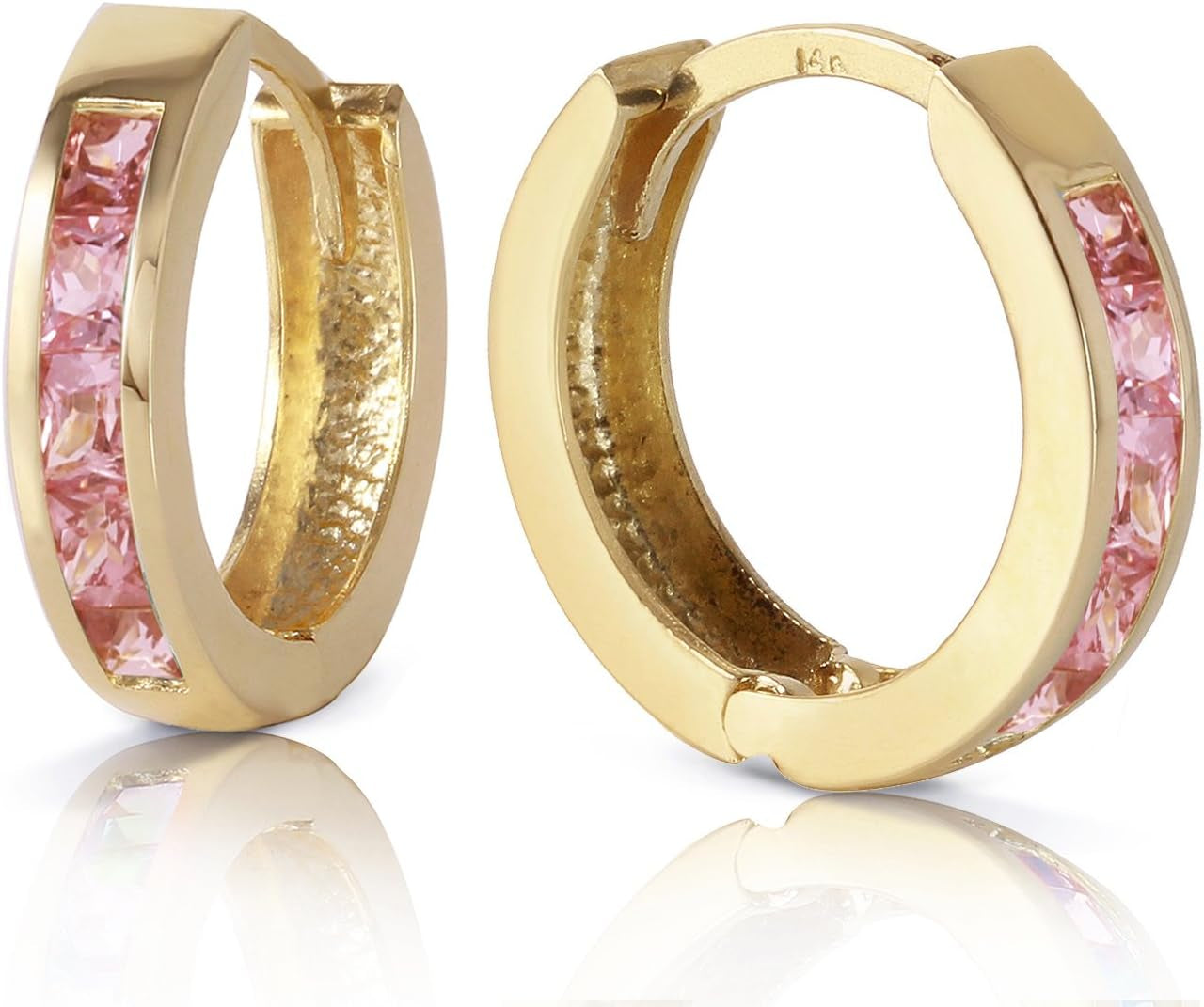 14K Yellow Gold Hoop Huggie Earrings with Pink Sapphires