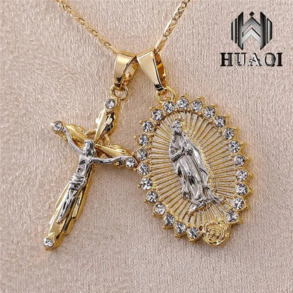 New Fashion18k Gold Plated Setting CZ Diamond Virgin Mary Necklace + Cross Necklace INRI Crucifix Jesus Piece Pendant Women Jewelry Christmas Gifts