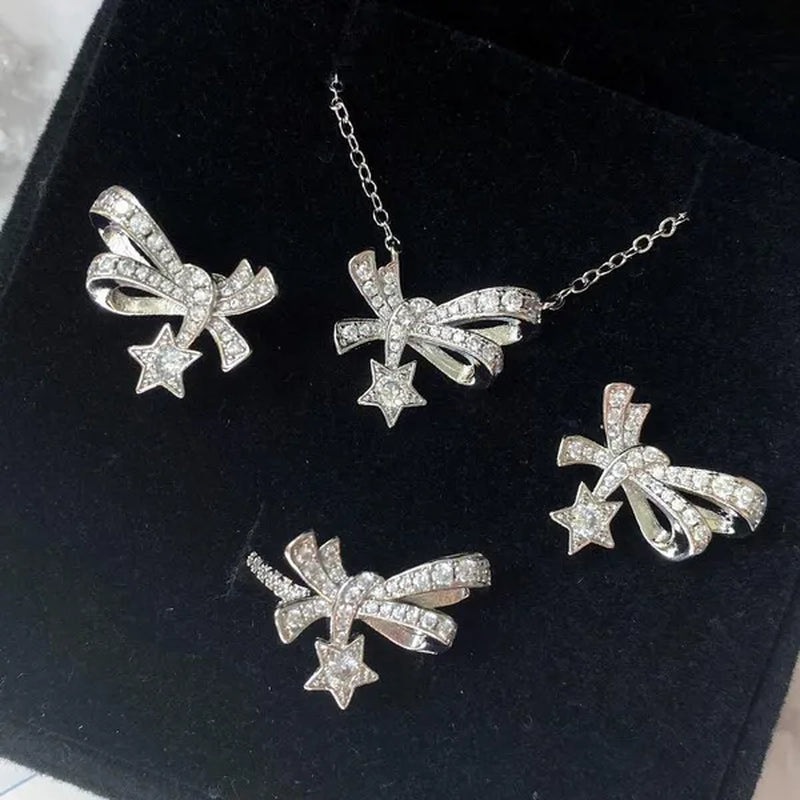 4Pcs/Set High Quality S925 Stamp Sterling Silver Post Bow with Star Pentagram Micro Inlaid Sparkling Cubic Zirconia Jewelry Set Earrings Pendant Necklace Open End Ring for Women Lovely Girl Birthday Party Anniversary Gift