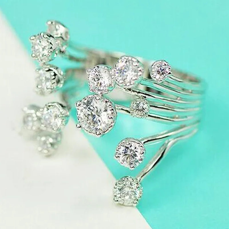 Gorgeous Silver Crown Natural Gemstones White Sapphire Birthstone Bride Wedding Engagement Multilayer Rose Flower Ring Size 6 7 8 9 10