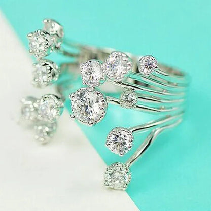 Gorgeous Silver Crown Natural Gemstones White Sapphire Birthstone Bride Wedding Engagement Multilayer Rose Flower Ring Size 6 7 8 9 10