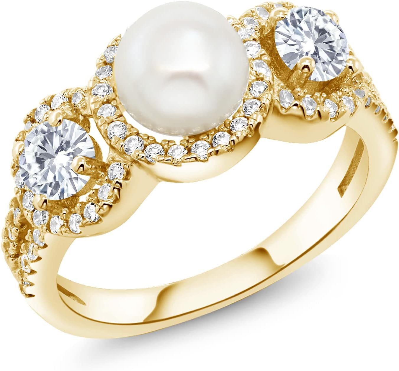 18K Yellow Gold Plated Silver Cultured Freshwater Pearl Ring Set with Moissanite | 1.26 Cttw | Gemstone Birthstone | Available in Size 5, 6, 7, 8, 9