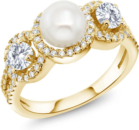 18K Yellow Gold Plated Silver Cultured Freshwater Pearl Ring Set with Moissanite | 1.26 Cttw | Gemstone Birthstone | Available in Size 5, 6, 7, 8, 9