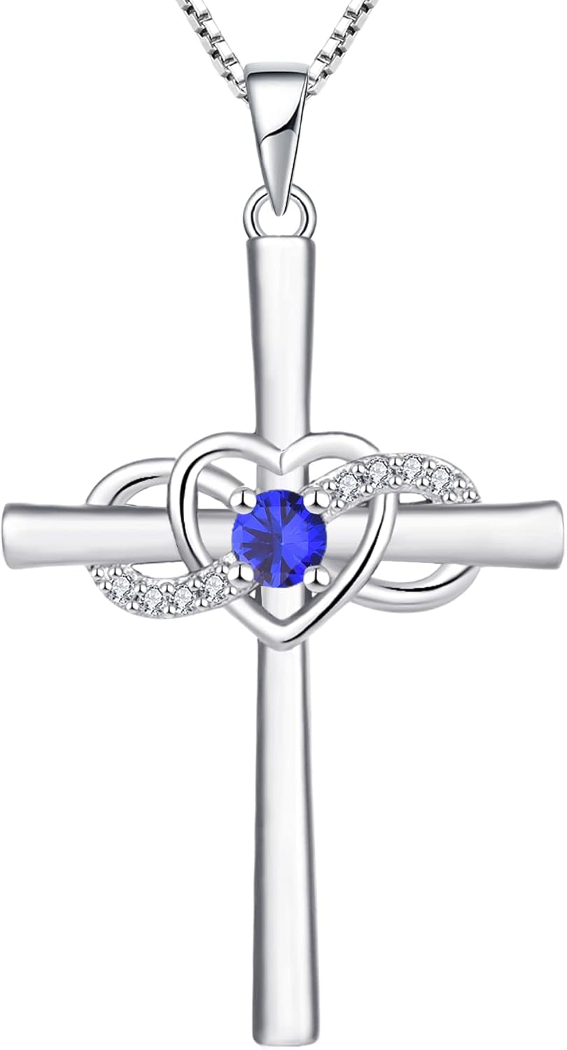 Women'S Cross Necklace Sterling Silver Infinity Heart Crucifix Pendant Birthstone Criss Jewelry