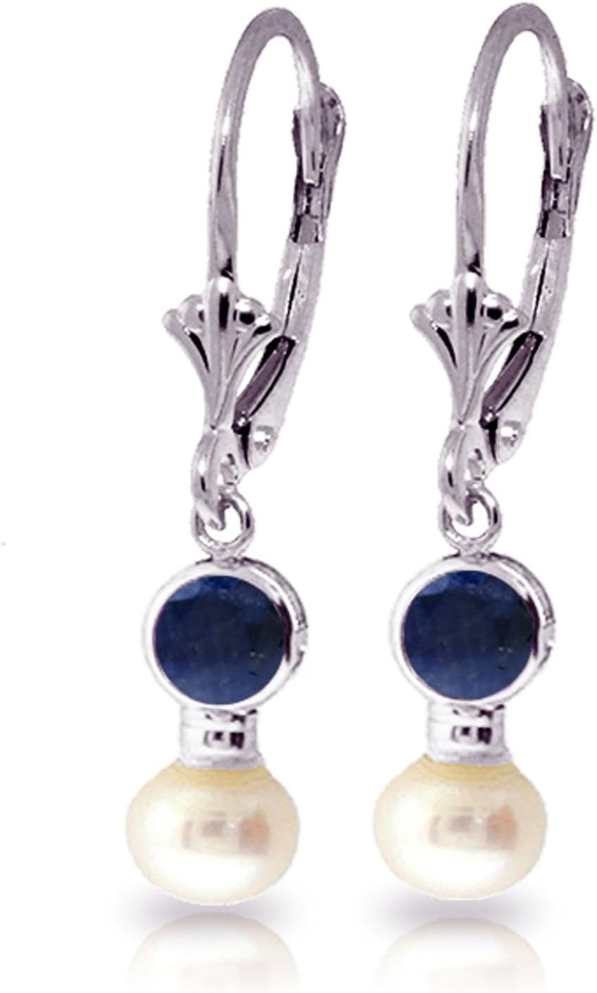 5.2 CTW 14K Solid White Gold Leverback Earrings Pearl Sapphire