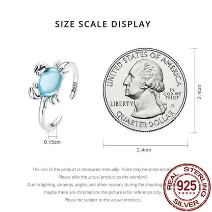 925 Sterling Silver Cute Crab Open Ring in Sterling Silver Delicate Blue Zircon Ring for Women Fashion Jewelry