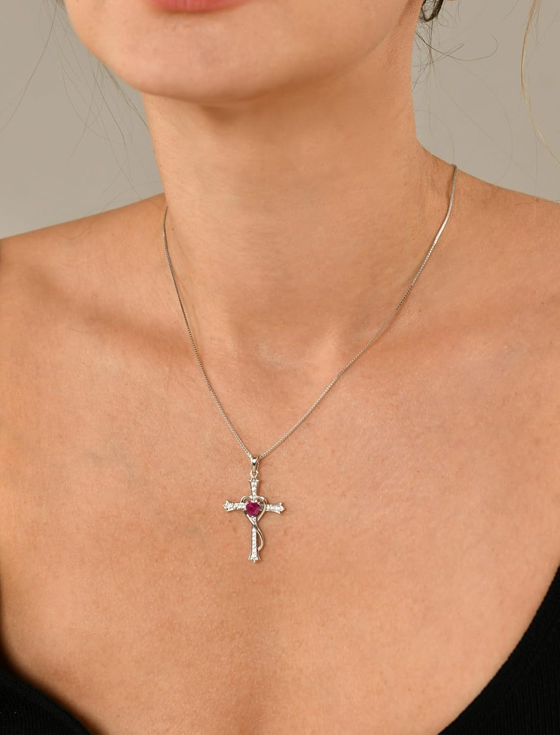 Heart Cross Necklace 925 Sterling Silver Birthstone Twisted Pendant Jewelry for Women
