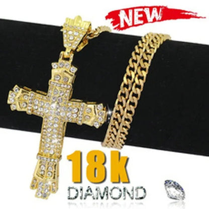Fashion 24K Gold 925 Silver Cross Diamond Pendant Men's Punk Jewelry Rhinestone Religious Pendant Necklace