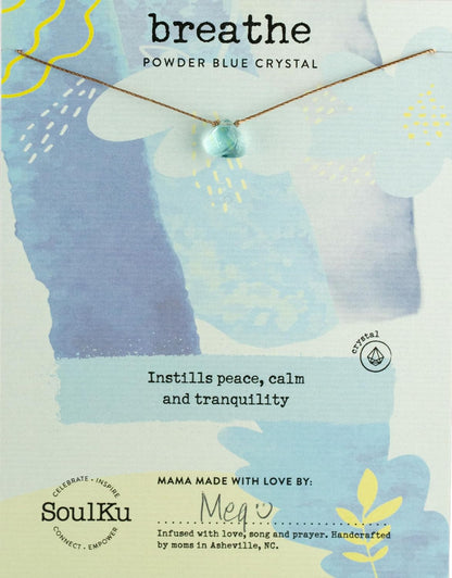 Soul Shine Handmade Necklace, Empowering Jewelry with Healing Crystal, Inspirational Gift for Woman or Girl, 2" Extender with Lobster Clasp, 16" Nylon Cord (Powder Blue, Breathe)