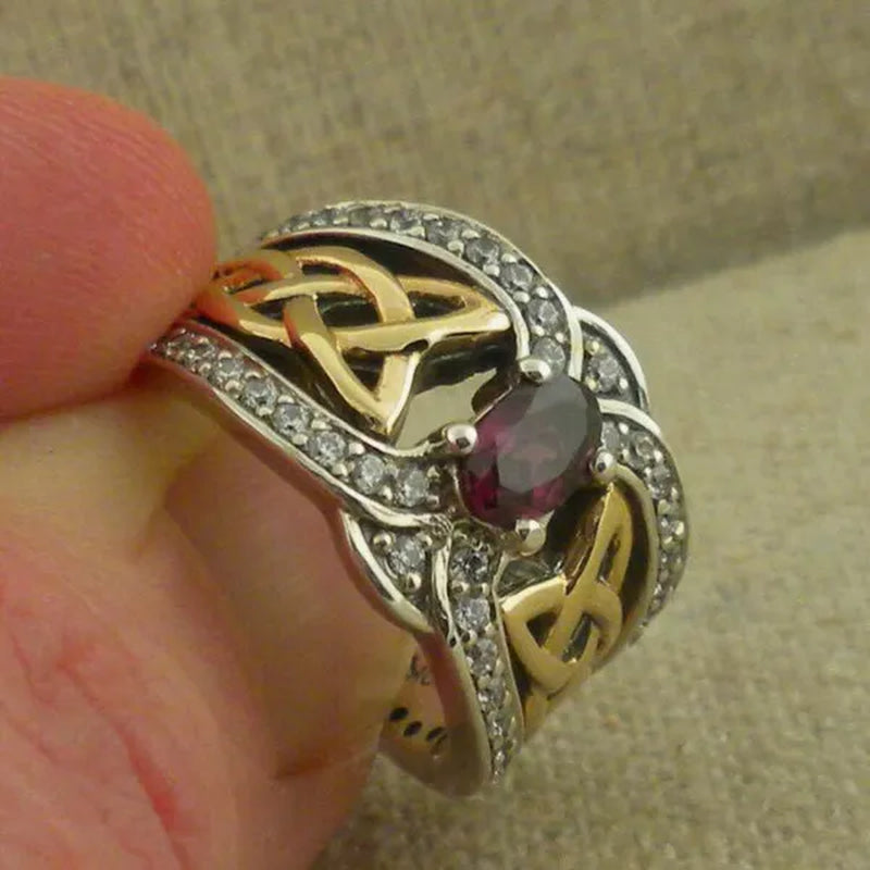 Vintage Women'S Fashion Two Tone Silver & Gold Red Ruby & Blue Sapphire Celtic Ring Anniversary Gift Engagement Bridal Wedding Jewelry Rings Size 5-10