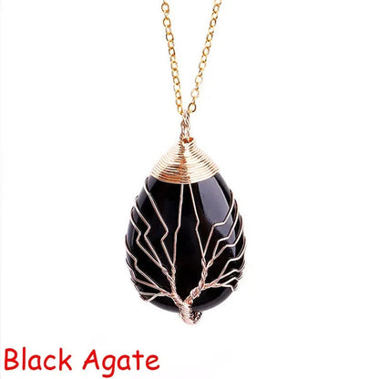Vintage Natural Gemtone Crystal Amethyst Rose Quartz Tiger Eye Stone Water Drop Tree of Life Pendant Necklace for Women Men Jewelry