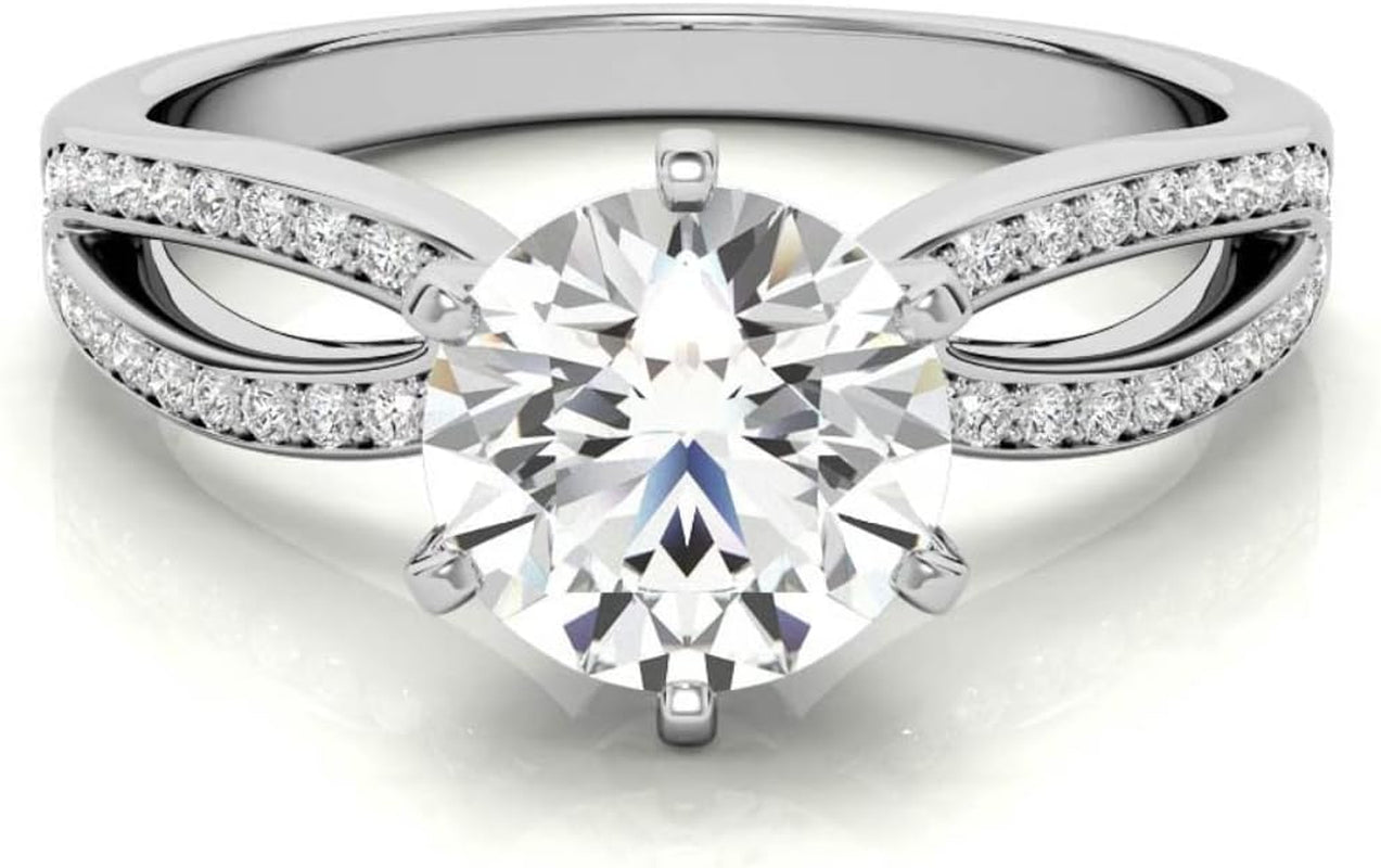10K White Gold and 925 Sterling Silver 0.87 Carat round Brilliant Shape White Color Moissanite Diamond Pave Split Shank Wedding Ring for Her