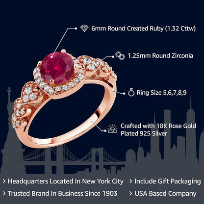 18K Rose Gold Plated Silver round Red Created Ruby Ring for Women (1.32 Cttw, Available in Size 5, 6, 7, 8, 9)