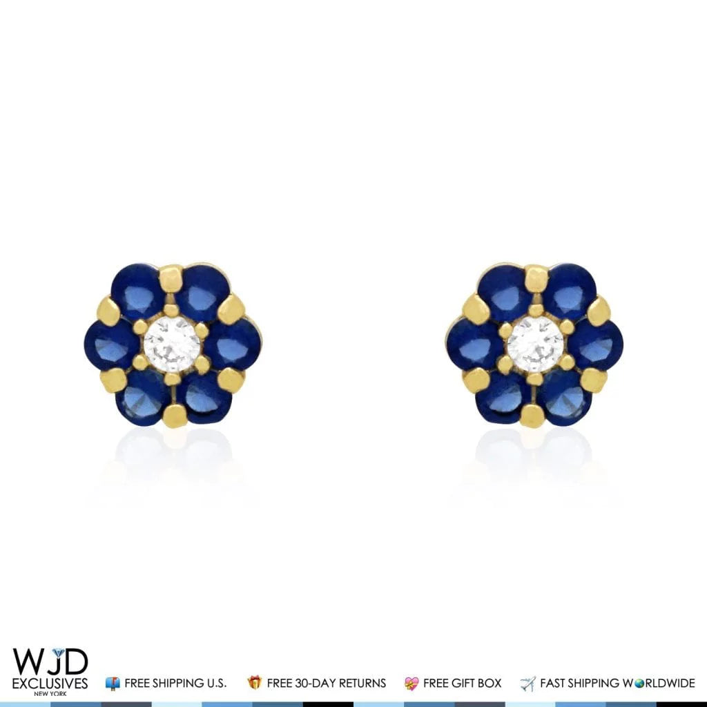 14K Yellow Gold Diamond and Sapphire Flower Screwback Stud Earrings 0.70Ct