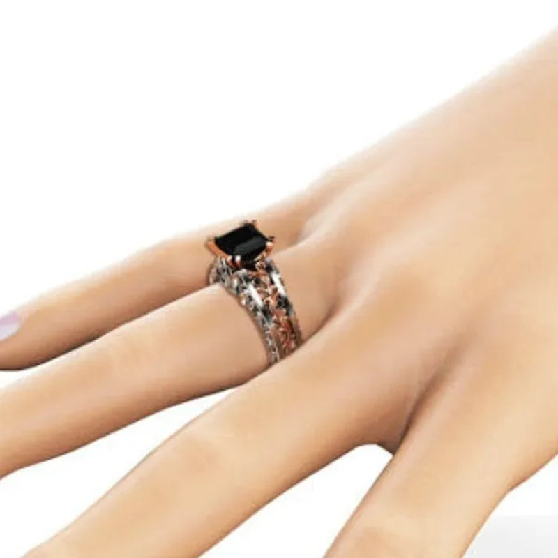 Princess Black Sapphire Diamond Engagement Ring 18K Rose Gold 925 Sterling Silver Wedding Bridal Rings Size 5-10
