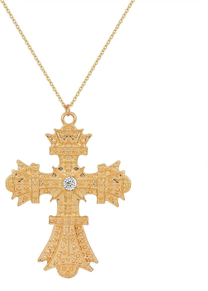 Retro Big Cross Pendant Necklace for Women Men,18K Gold Silver Baroque Crystal Zircon Large Cross Necklace Bar Party Jewelry