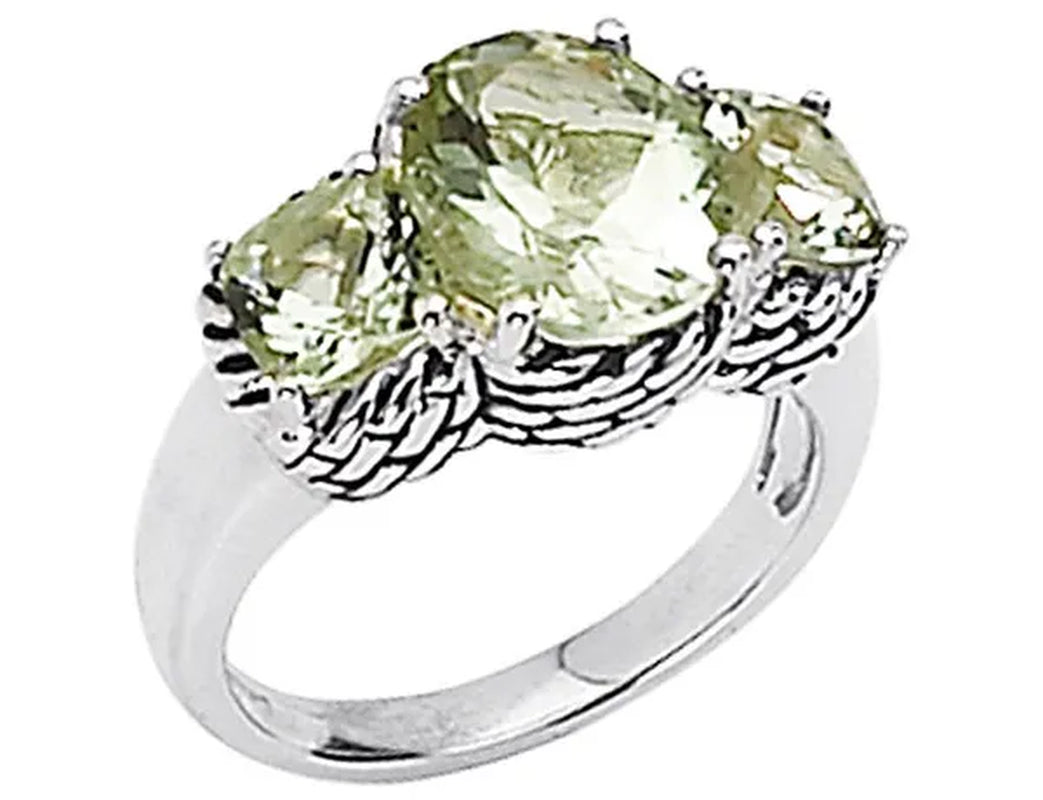 Green Amethyst Three Stone Ring 4.50 Carat (Ctw) in Sterling Silver