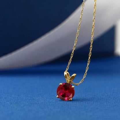 14K Yellow Gold Red Created Ruby Pendant Necklace for Women (1.00 Cttw, round with 18 Inch Chain)