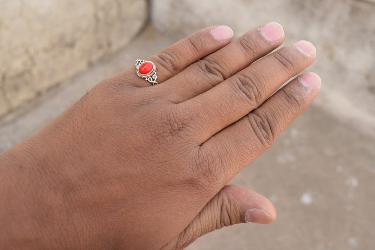 Red Coral Stone Ring 925 Sterling Silver Statement Ring for Women Handmade Rings Gemstone Christmas Promise Ring Size US 8 Gift for Her