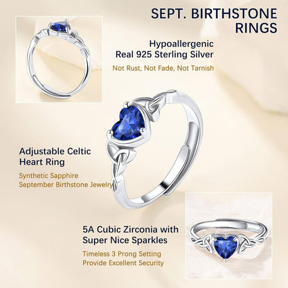 925 Sterling Silver Good Luck Celtic Twisted Knot/Claddagh Heart Birthstone Ring, Thin Delicate Adjustable Promise Engagement Ring Irish Jewelry for Women