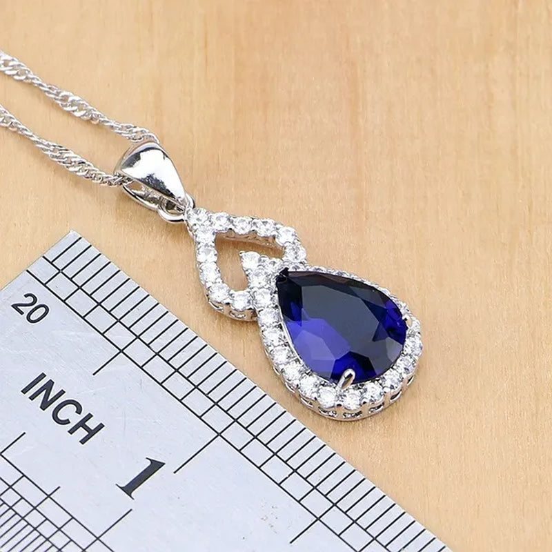 925 Silver Jewelry Sets Blue Sapphire White Topaz Open Rings Earrings Pendant Necklace Bracelet for Bridal Women