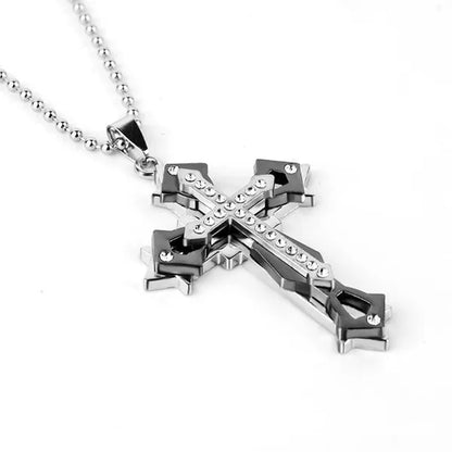 Fashion Men's Creative Diamond Cross Necklace Double Pattern Jesus Cross Pendant Hip Hop Necklaces for Men Cross Jewelry Religious Belief Amulet Birthday Anniversary Gift