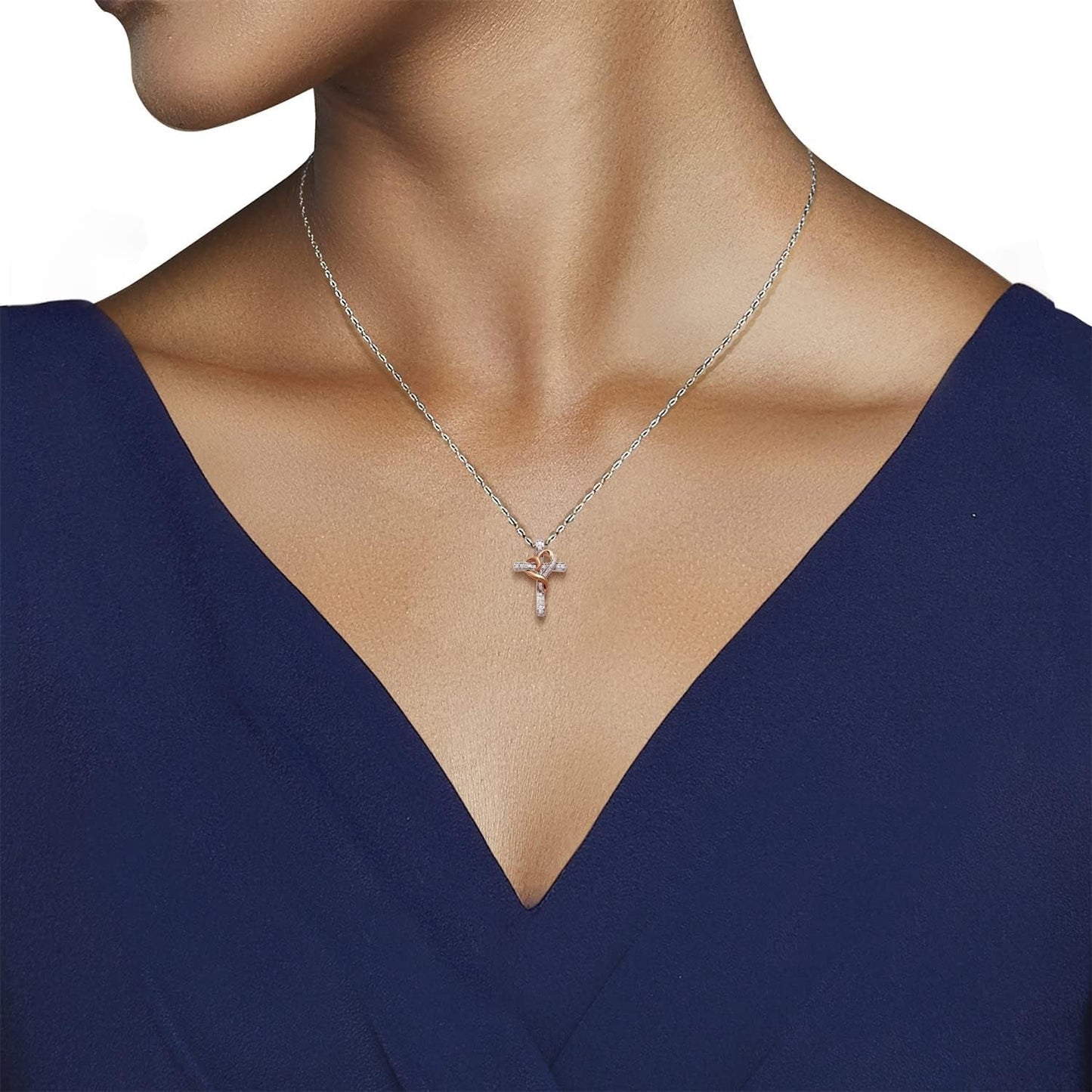 14K Rose Gold over Sterling Silver 1/4 Cttw Natural White round Diamond Heart with Cross Pendant Necklace, 18" Box Chain