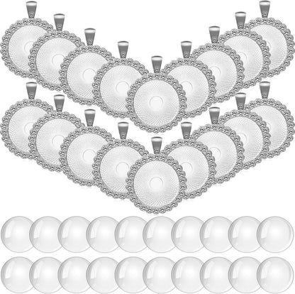 40 Pieces Rhinestone Bezel Pendant Trays Set, Include 20 Pieces round Bezel Trays Cabochon Pendant Setting with 20 Pieces Clear Glass Cabochons for Photo Pendant DIY Jewelry Craft Making