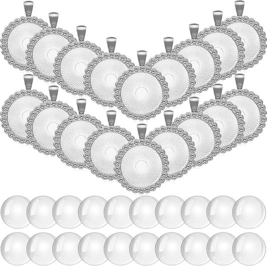 40 Pieces Rhinestone Bezel Pendant Trays Set, Include 20 Pieces round Bezel Trays Cabochon Pendant Setting with 20 Pieces Clear Glass Cabochons for Photo Pendant DIY Jewelry Craft Making
