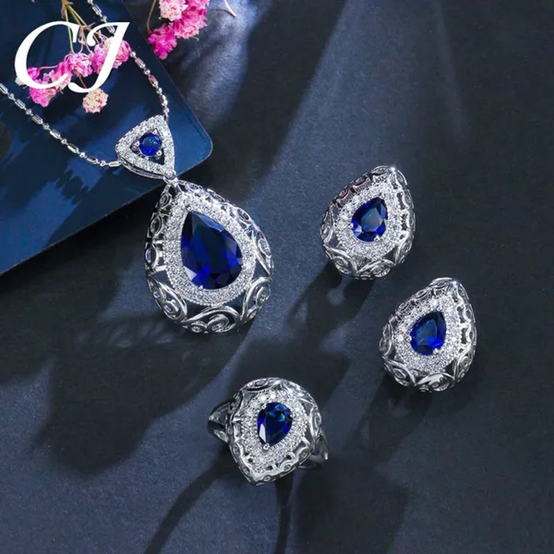 CANDICE Elegant Stamp Sterling Silver Plated Women Jewelry Set Pear Drop Red Cubic Zirconia Necklace Earring Ring 3Pcs Sets