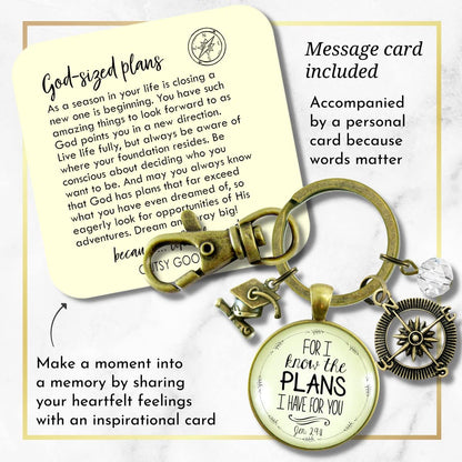 Graduate for I Know Plans Womens Keychain Boho Bronze Faith Jewelry Gift Key Ring - Handmade Pendant Religious Verse Jeremiah 2911 Graduation Tassel Cap Charm & Bead, Ready to Gift Message Card & Box