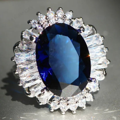 Silver Huge Oval Cut Natural Gemstones Sapphire Ring Wedding Birthstone Bride Engagement Bride Ellipse Ring Jewelry Band