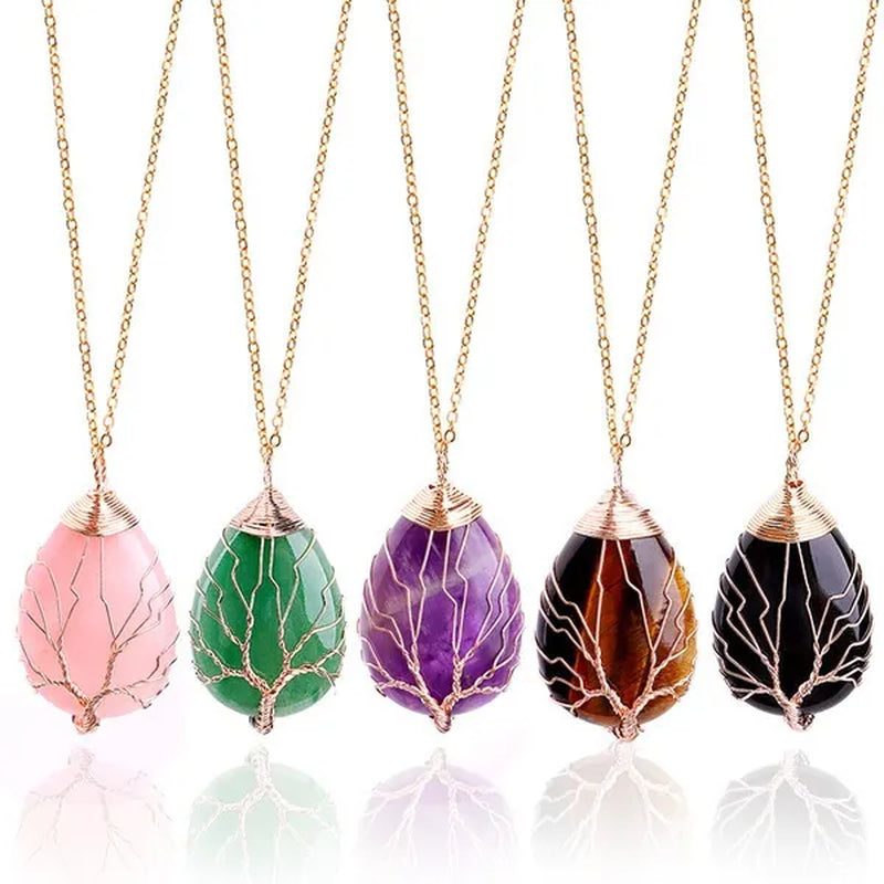 Vintage Natural Gemtone Crystal Amethyst Rose Quartz Tiger Eye Stone Water Drop Tree of Life Pendant Necklace for Women Men Jewelry