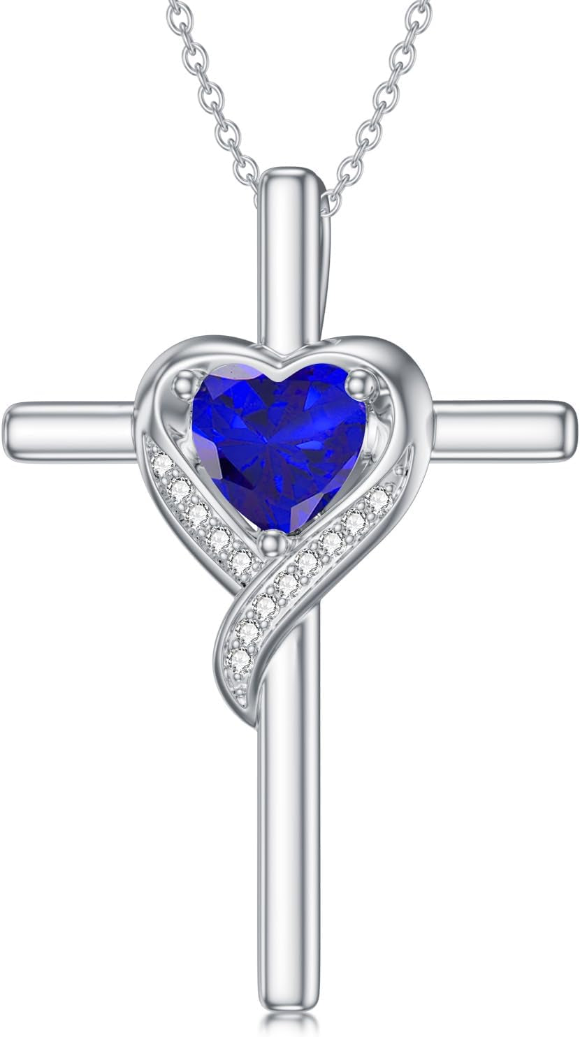 Birthstone Cross Necklace for Women 925 Sterling Silver Heart Cross Pendant Necklace Birthday Mothers Day Jewelry Gifts for Her Mom
