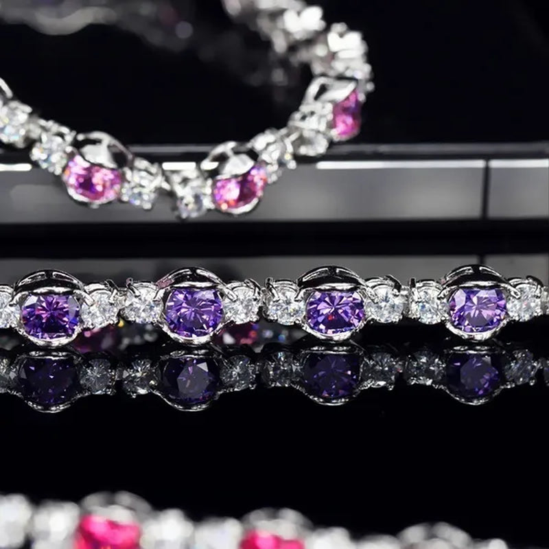 Gloriya High-Grade CZ Evening Party Jewelry For Woman Hand-inlay Round Blue Crystal Silver Plated Tennis Bracelet
