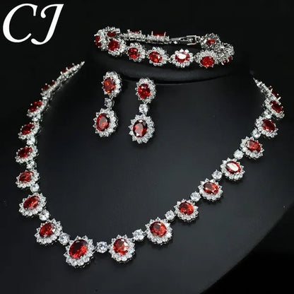 CANDICE Elegant Red Wedding Jewelry Set Micro CZ Stone Paved Oval Crystal Drop Earrings Bracelet and Necklace Sets for Bride