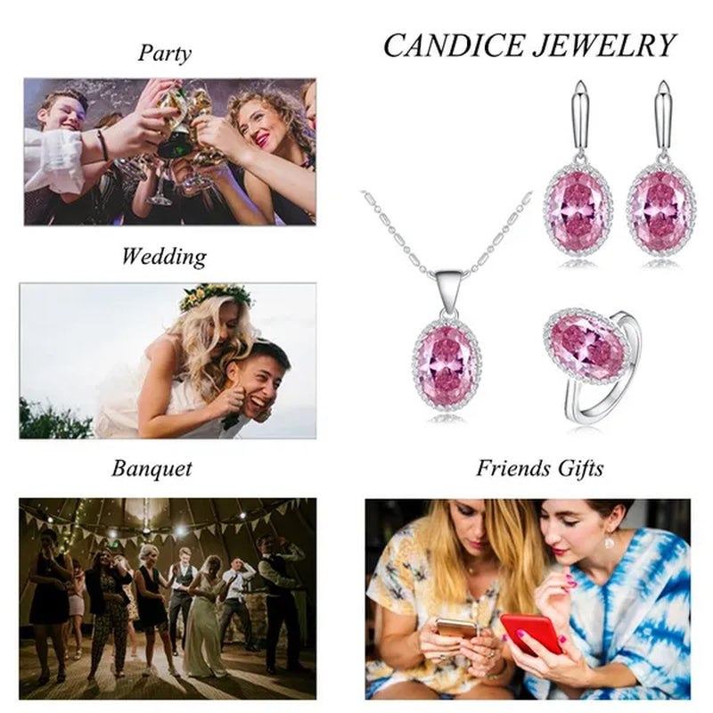 CANDICE Elegant Engagement Accessories Big Oval Cut CZ Stone Silver Necklace Earrings Ring for Bridal Wedding Bling Jewelry Set (US 6-9)