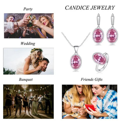 CANDICE Elegant Engagement Accessories Big Oval Cut CZ Stone Silver Necklace Earrings Ring for Bridal Wedding Bling Jewelry Set (US 6-9)