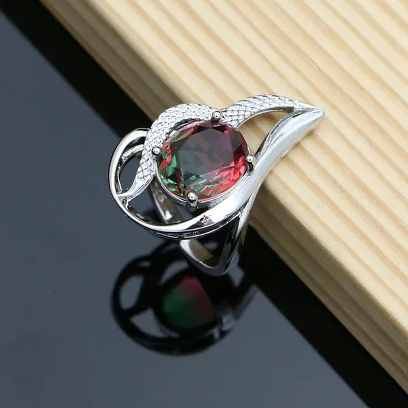 925 Silver Jewelry Sets for Women Rainbow Tourmaline  Wedding Necklace Earrings Open Ring