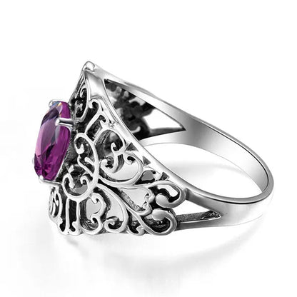 2017 Luxury Big Purple Created Amethyst Stone Ring Vintage Crystal Antique Rings For Women Party Christmas Gift Turkish Jewelry