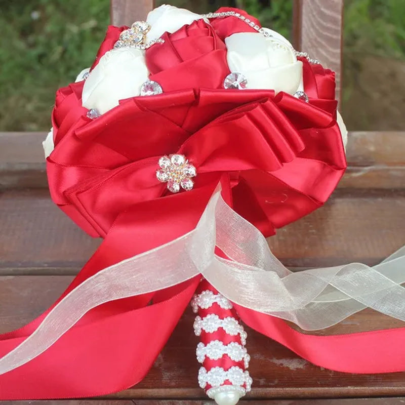 18CM Bride Holding Flowers Shiny Diamond Brooch Pearl Wedding Bouquet Mixed Color Satin Rose Bridesmaid Bouquet Customizable