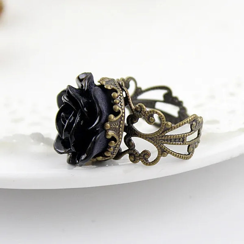 Vintage Jewelry Wholesale Hot Selling Promotion Bronze Alloy Gothic Black Rhinestone Rose Rings for Women