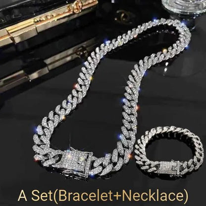 A Set(Bracelet+Necklace) 13MM Width Cuban Link Chain Gold Silver Plated Bling Miami Cuban Necklace Bracelet Diamond Chain for Fashion Men and Women Iced Out Hip Hop Jewelry Set
