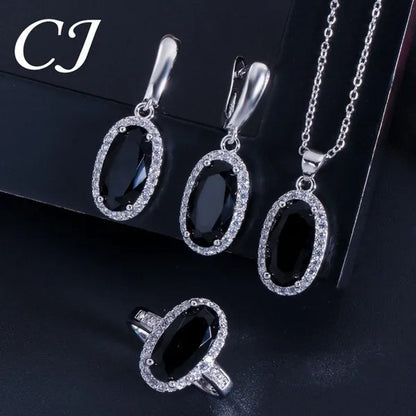 CANDICE Fashion Women Sterling Silver Plated Jewelry Sets for Girls Lovely Oval Pink CZ Stone Party Necklace Earrings Ring Set（Us 7-9)