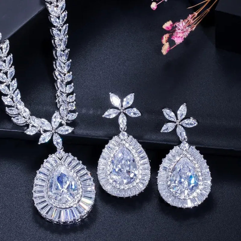 CANDICE Luxury Bridal Red CZ Stone Costume Jewelry Sets Pear Drop Red Zirconia Party Necklace Earrings Set for Women Wedding